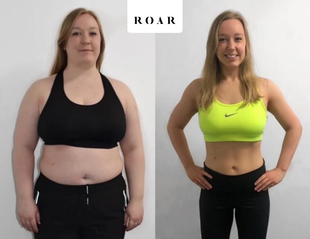 Women's body transformation before and after at ROAR Fitness, showing significant weight loss with a slimmer face, leaner arms and a smaller waistline