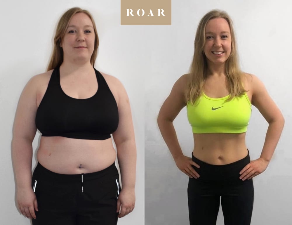 Women's body transformation before and after at ROAR Fitness, showing significant weight loss with a slimmer face, leaner arms and a smaller waistline