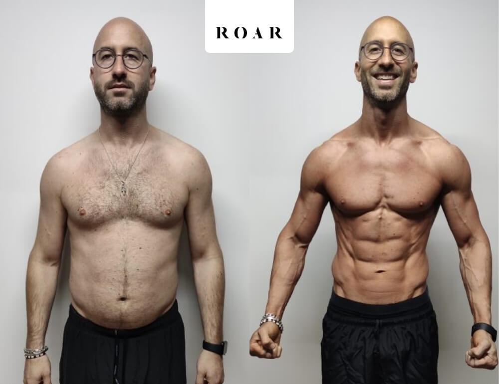 Men's body transformation before and after at ROAR Fitness, showing a drop to very low body fat with a shredded, athletic physique and defined abs and arms