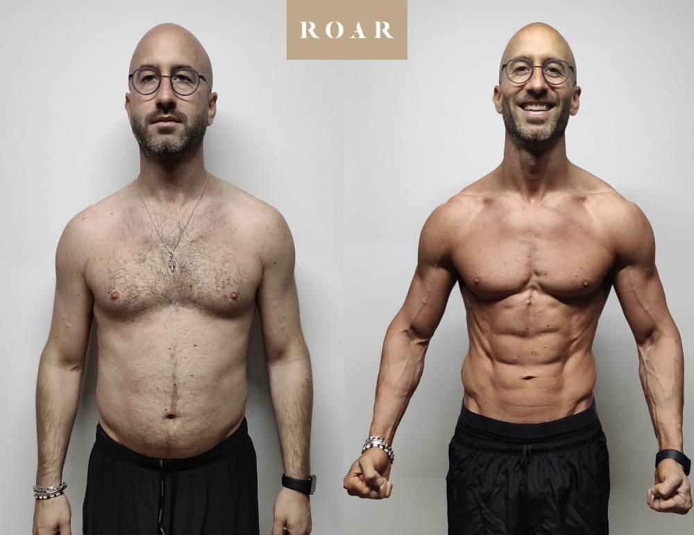 Men's body transformation before and after at ROAR Fitness, showing a drop to very low body fat with a shredded, athletic physique and defined abs and arms