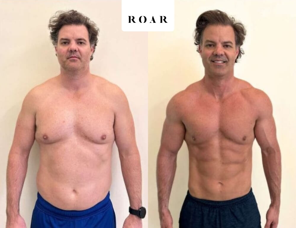 Men's body transformation before and after at ROAR Fitness, showing body recomposition with lean muscle gain, a visible six pack and more muscular arms