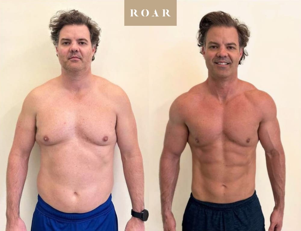 Men's body transformation before and after at ROAR Fitness, showing body recomposition with lean muscle gain, a visible six pack and more muscular arms