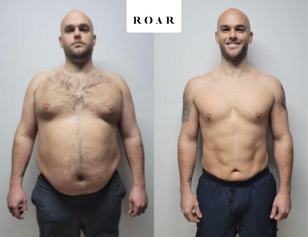 Men's body transformation before and after at ROAR Fitness, showing significant weight loss, a much slimmer waist and a leaner, stronger upper body
