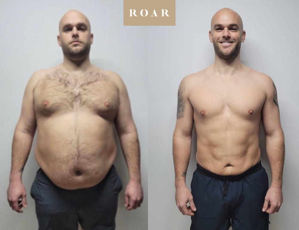 Men's body transformation before and after at ROAR Fitness, showing significant weight loss, a much slimmer waist and a leaner, stronger upper body