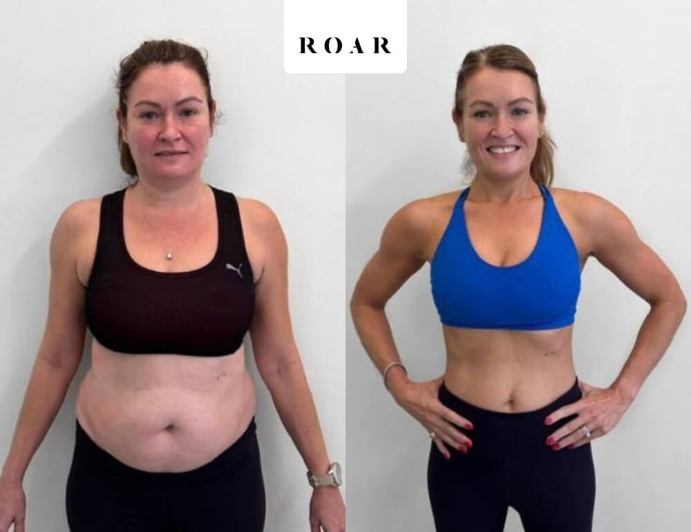 Women's body transformation before and after at ROAR Fitness, showing fat loss, a flatter stomach and toned arms and shoulders