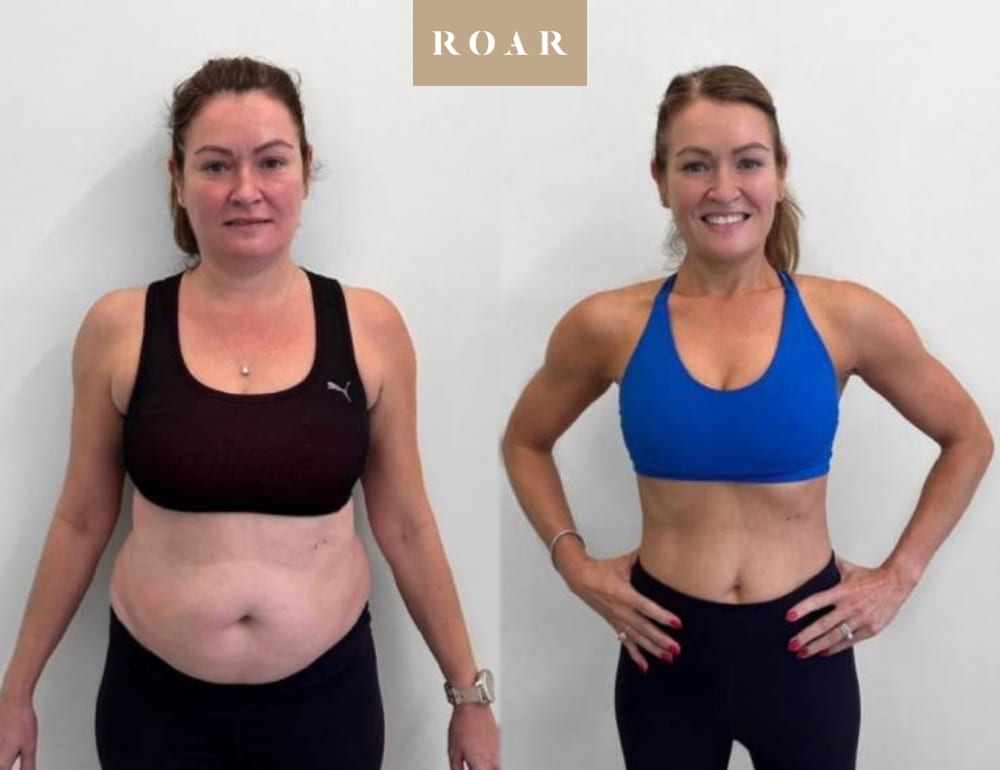 Women's body transformation before and after at ROAR Fitness, showing fat loss, a flatter stomach and toned arms and shoulders