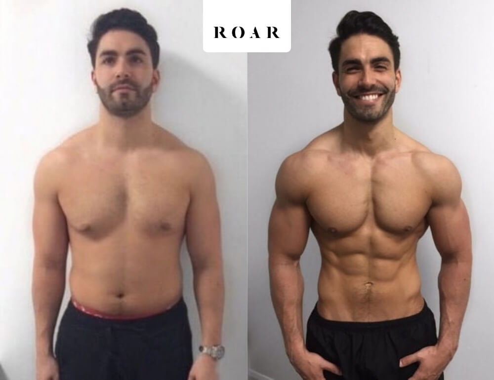 Men's body transformation before and after at ROAR Fitness, showing fat loss and defined abs, chest and shoulders
