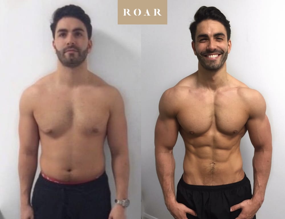 Men's body transformation before and after at ROAR Fitness, showing fat loss and defined abs, chest and shoulders