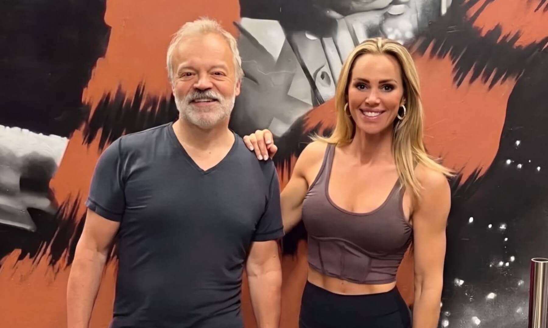 Graham Norton and Sarah Lindsay at Roar Fitness gym