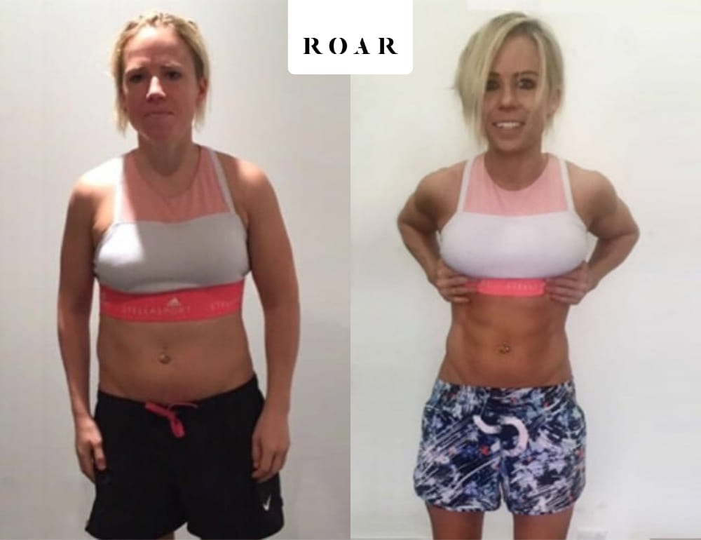 Clemmie before and after her 10-week female body transformation at ROAR Fitness London
