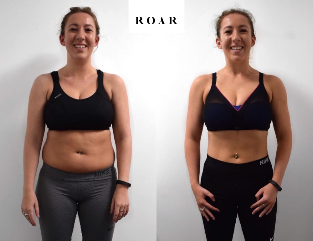 Vicky before and after her 10-week female body transformation at ROAR Fitness London