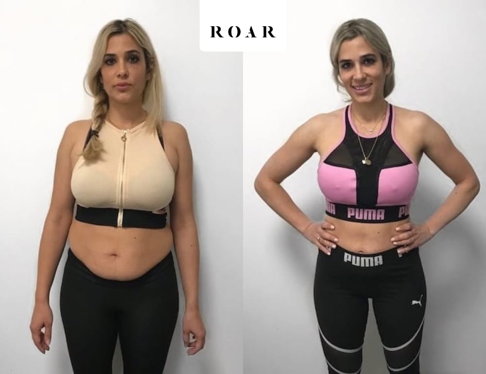 Sanam before and after her 12-week post-pregnancy body transformation at ROAR Fitness London, 7kg weight loss