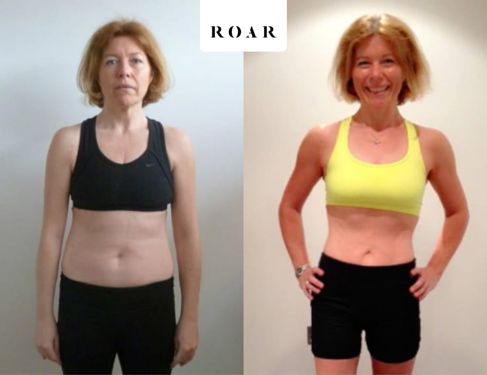 Andrea before and after her 12-week female body transformation at ROAR Fitness London