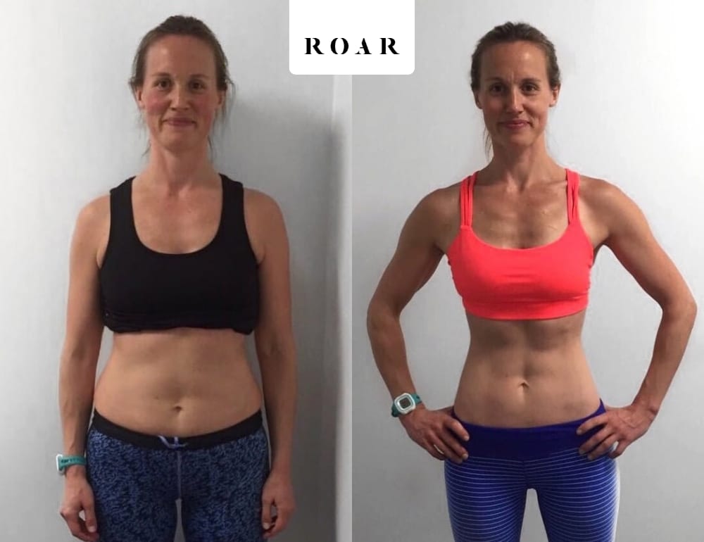 Claire before and after her 12-week female body transformation at ROAR Fitness London