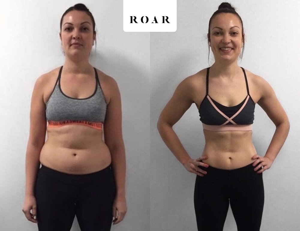 Claire before and after her 12-week female body transformation at ROAR Fitness London