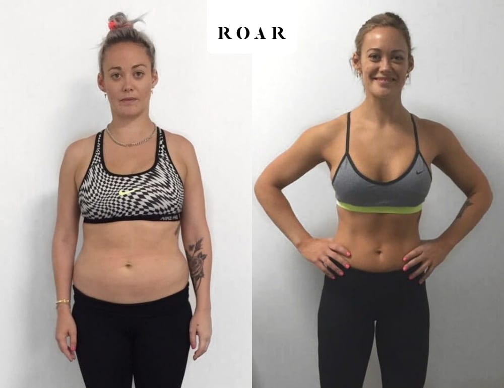 Ellie before and after her 12-week female body transformation at ROAR Fitness London