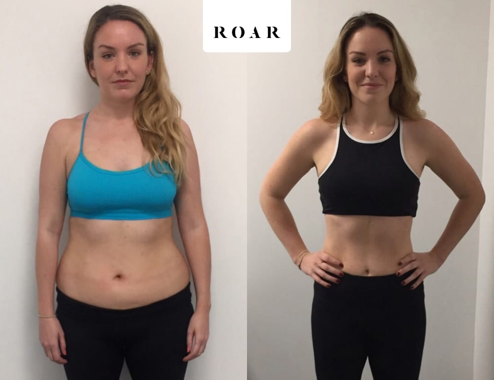 Emma before and after her 12-week female body transformation at ROAR Fitness London, body fat from 26.1% to 15.3%