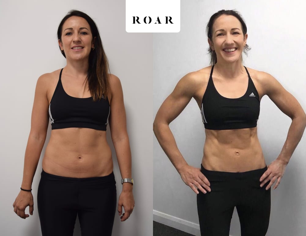 Joanne before and after her 12-week female body transformation at ROAR Fitness London