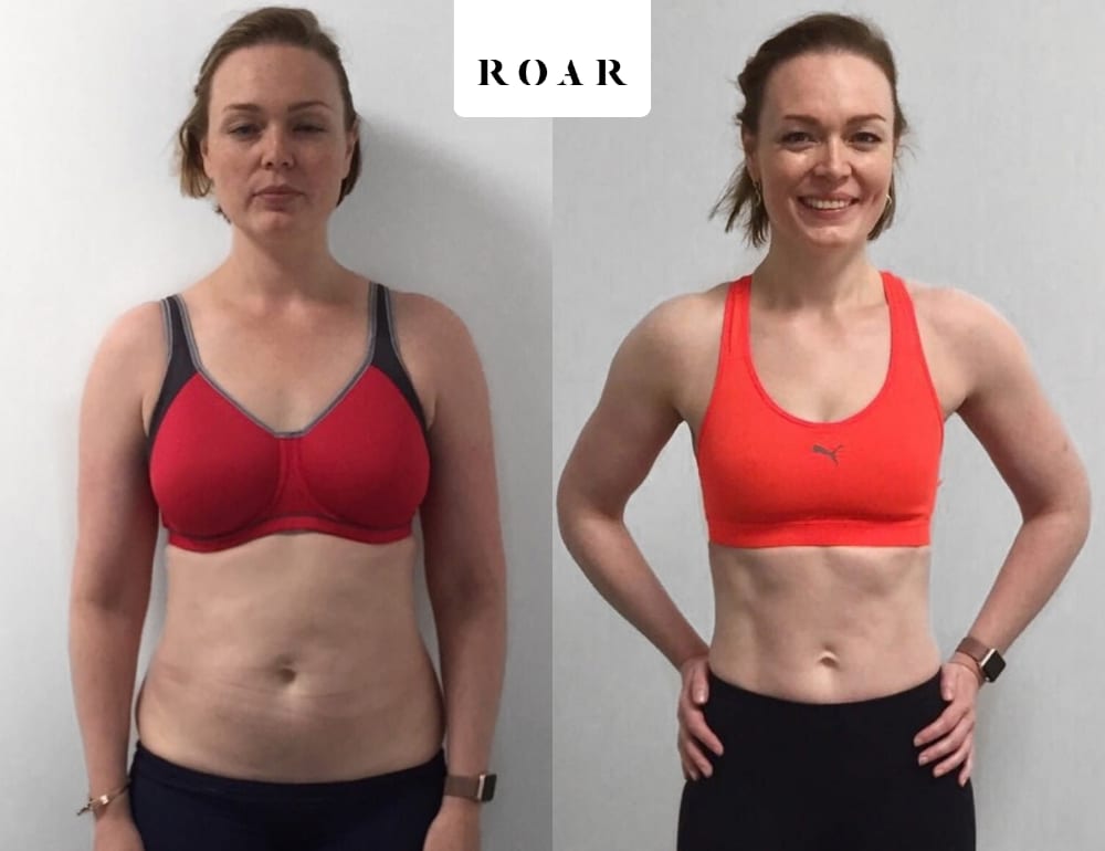 Karina before and after her 12-week female body transformation at ROAR Fitness London