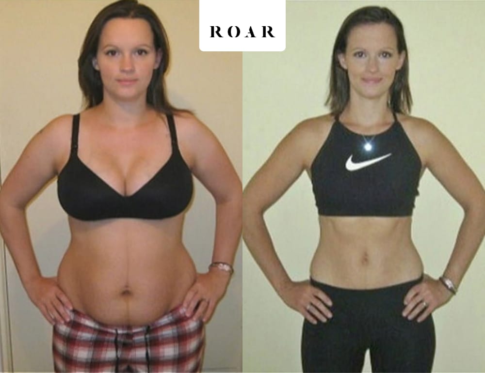 Lucy before and after her 12-week female body transformation at ROAR Fitness London