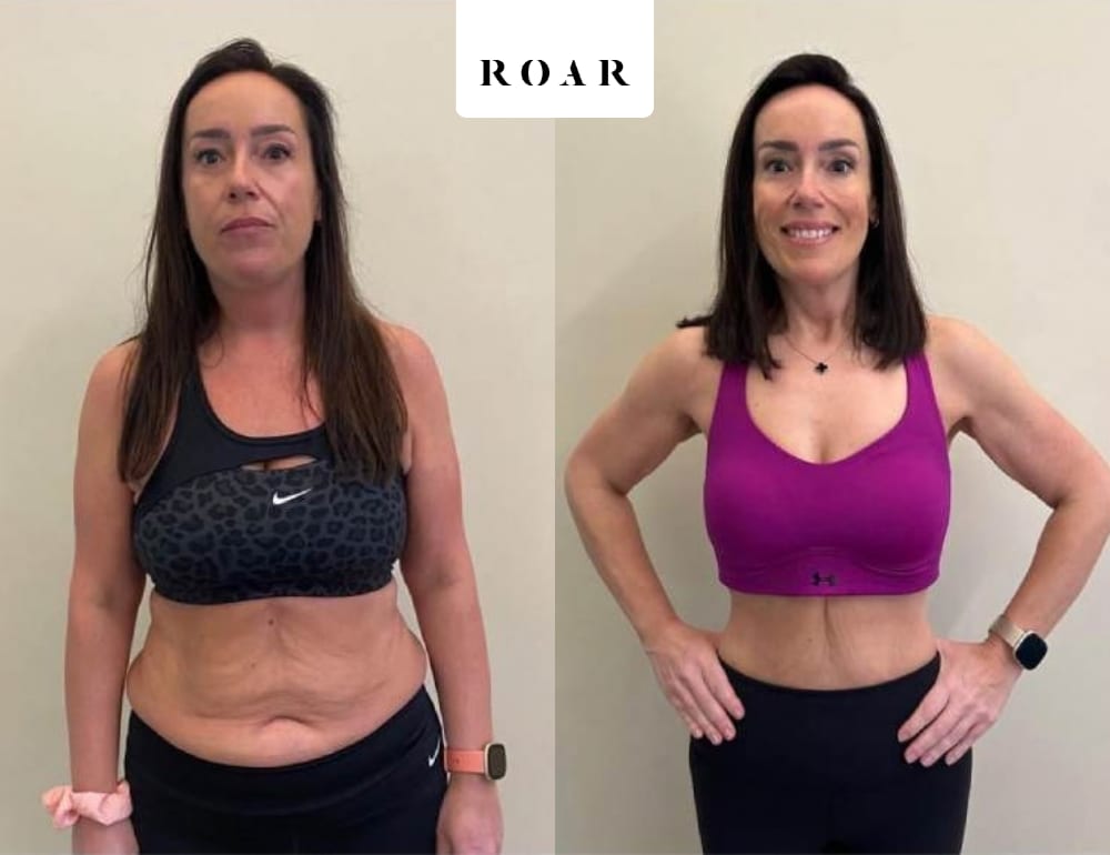 Victoria before and after her 12-week female body transformation at ROAR Fitness London