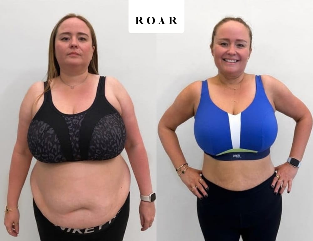 Lynsey Williams, 43, before and after her 15-month female body transformation at ROAR Fitness London, 32kg weight loss