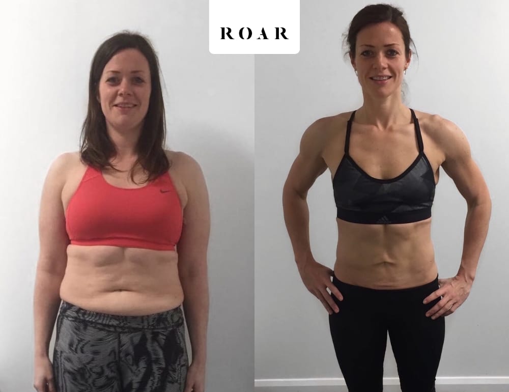 Sue before and after her 20-week female body transformation at ROAR Fitness London