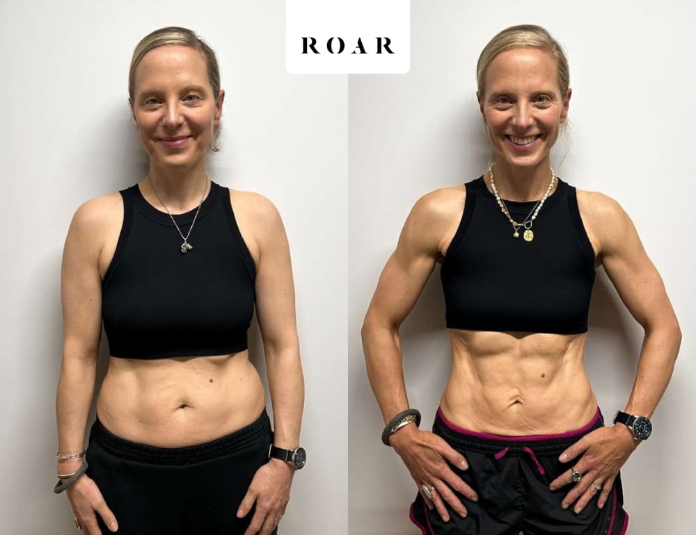 Lucy Cleland, 49, before and after her 3-month female body transformation at ROAR Fitness London