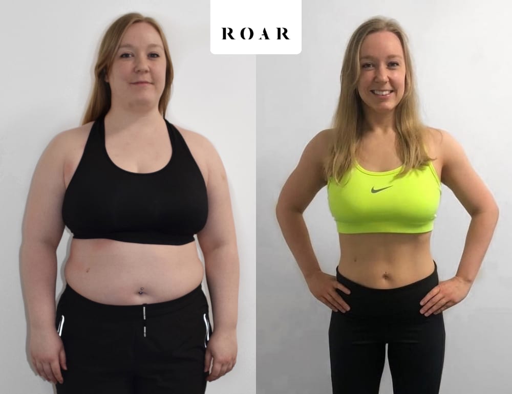 Jess before and after her 33-week female body transformation at ROAR Fitness London, 30kg weight loss