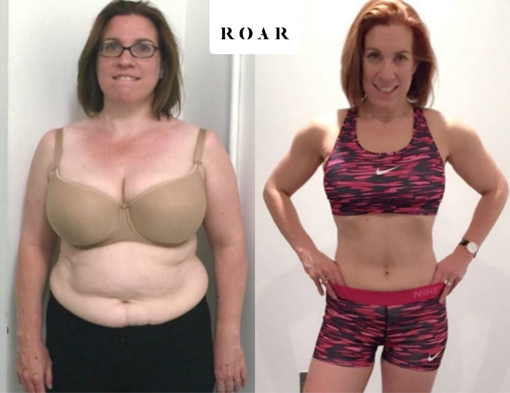 Fiona before and after her 5-month post-pregnancy body transformation at ROAR Fitness London
