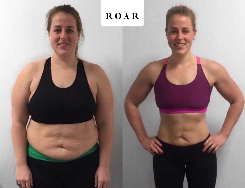 Emma before and after her female body transformation at ROAR Fitness London, 25kg weight loss