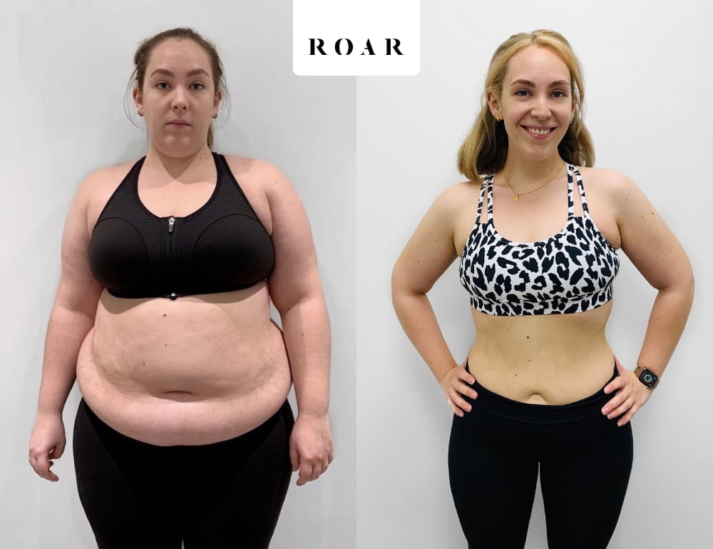 Evie before and after her female body transformation at ROAR Fitness London, 30kg weight loss