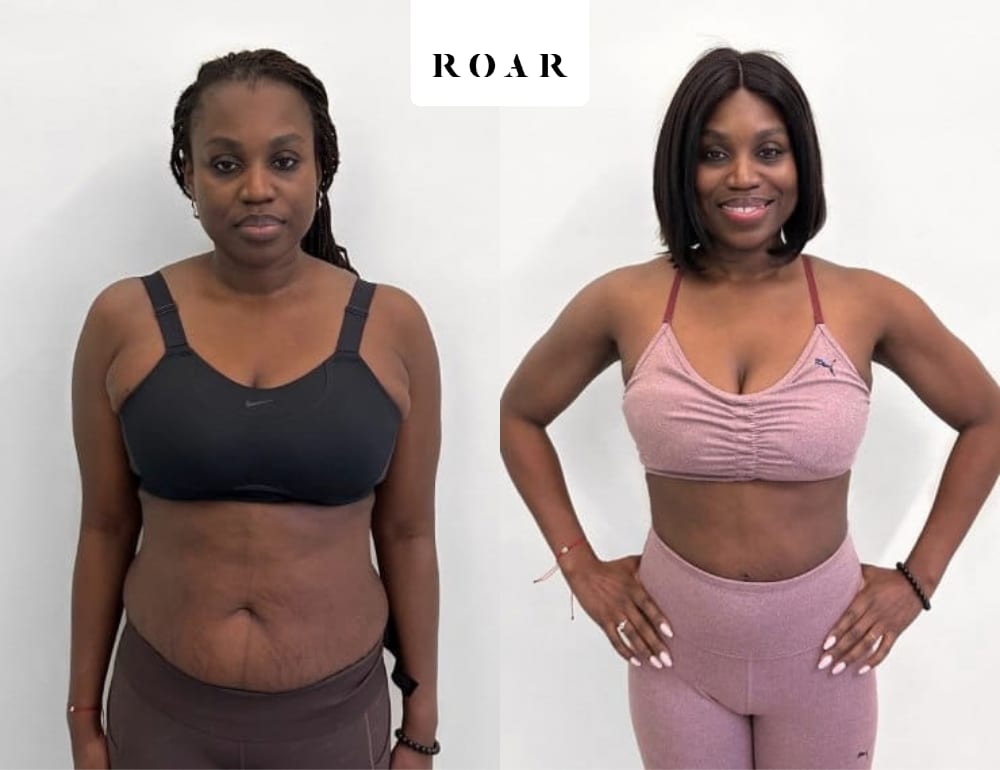 Adama's female body transformation, before and after personal training at ROAR Fitness London