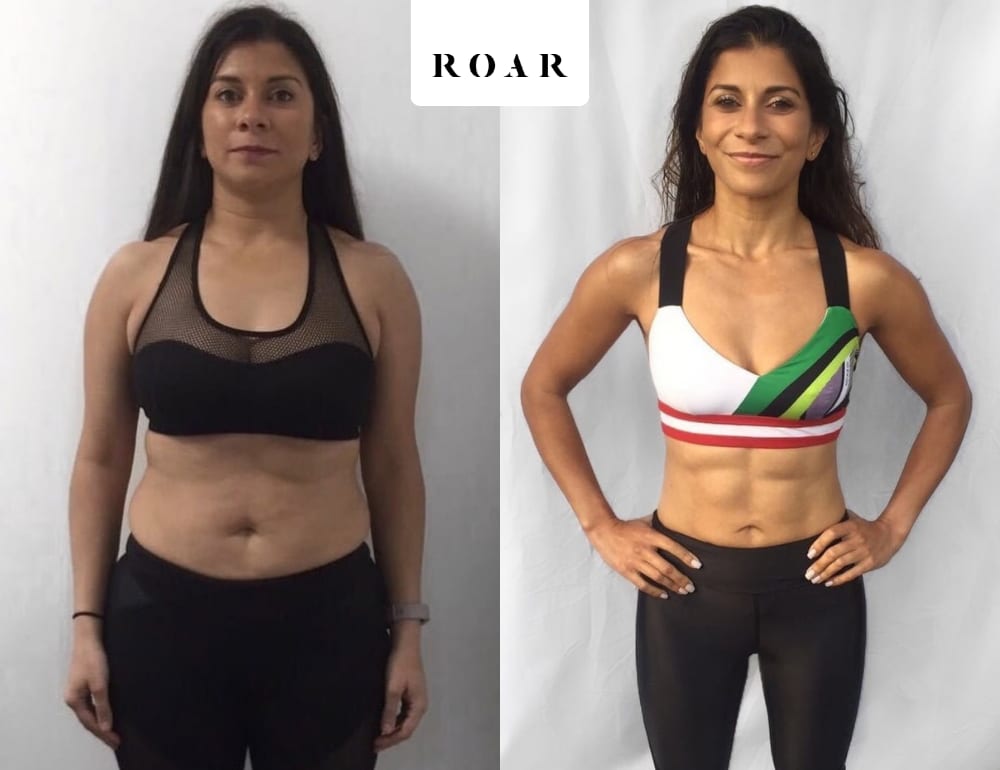 Before and after photos of Anita's female body transformation at ROAR Fitness London