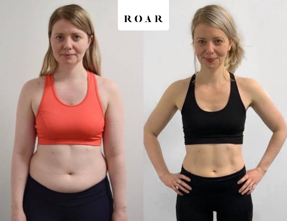 Before and after photos of Cat's female body transformation at ROAR Fitness London