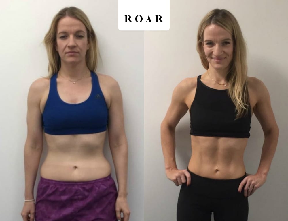 Before and after photos of Clare's female body transformation at ROAR Fitness London