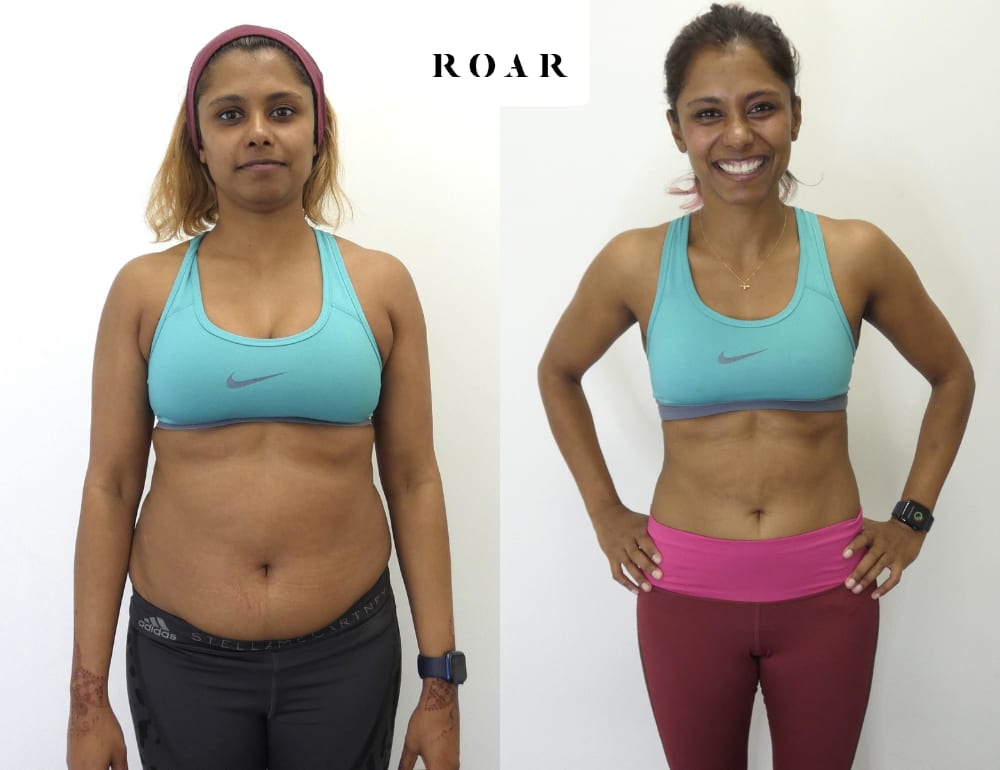 Dilini's female body transformation, before and after personal training at ROAR Fitness London