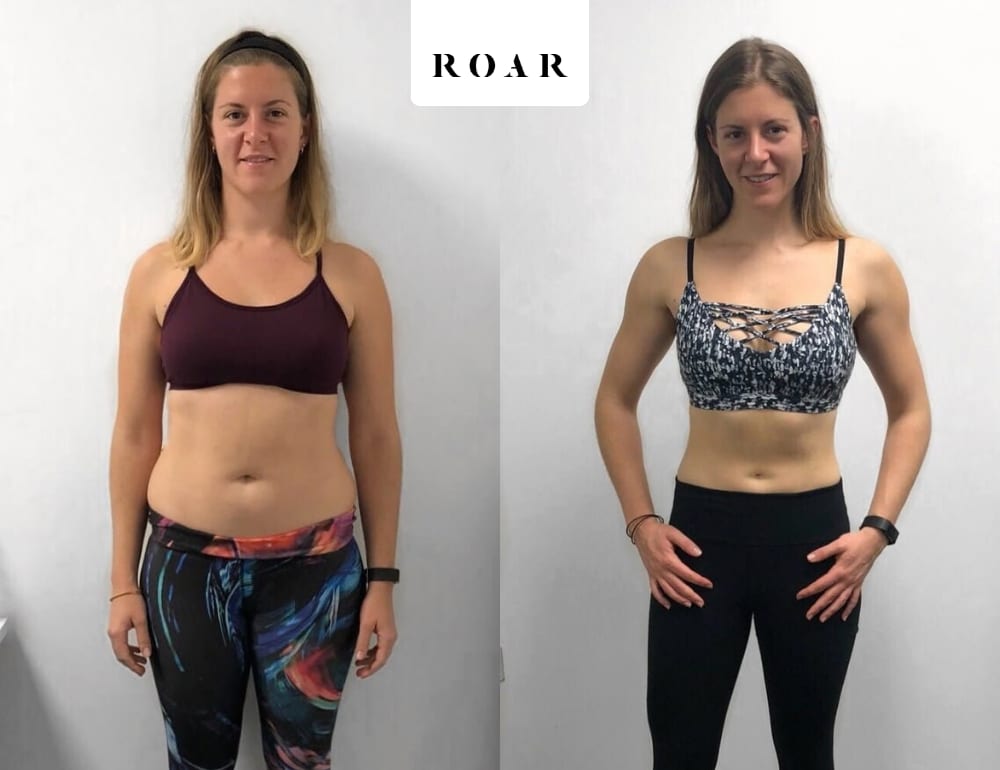Before and after photos of Elena's female body transformation at ROAR Fitness London