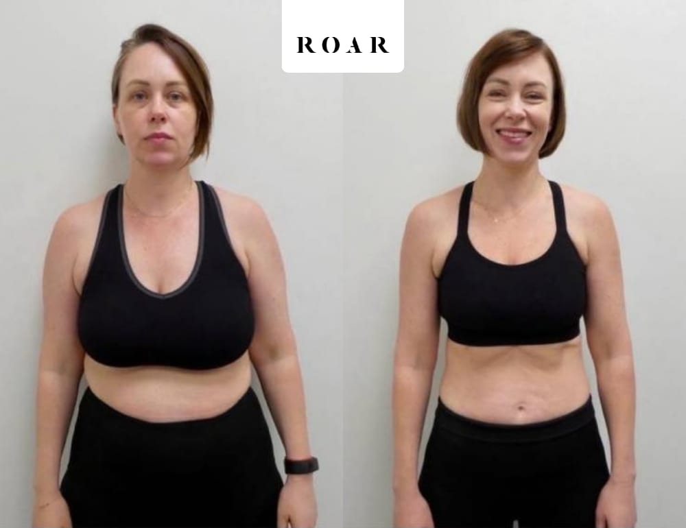 Before and after photos of Eloise's female body transformation at ROAR Fitness London