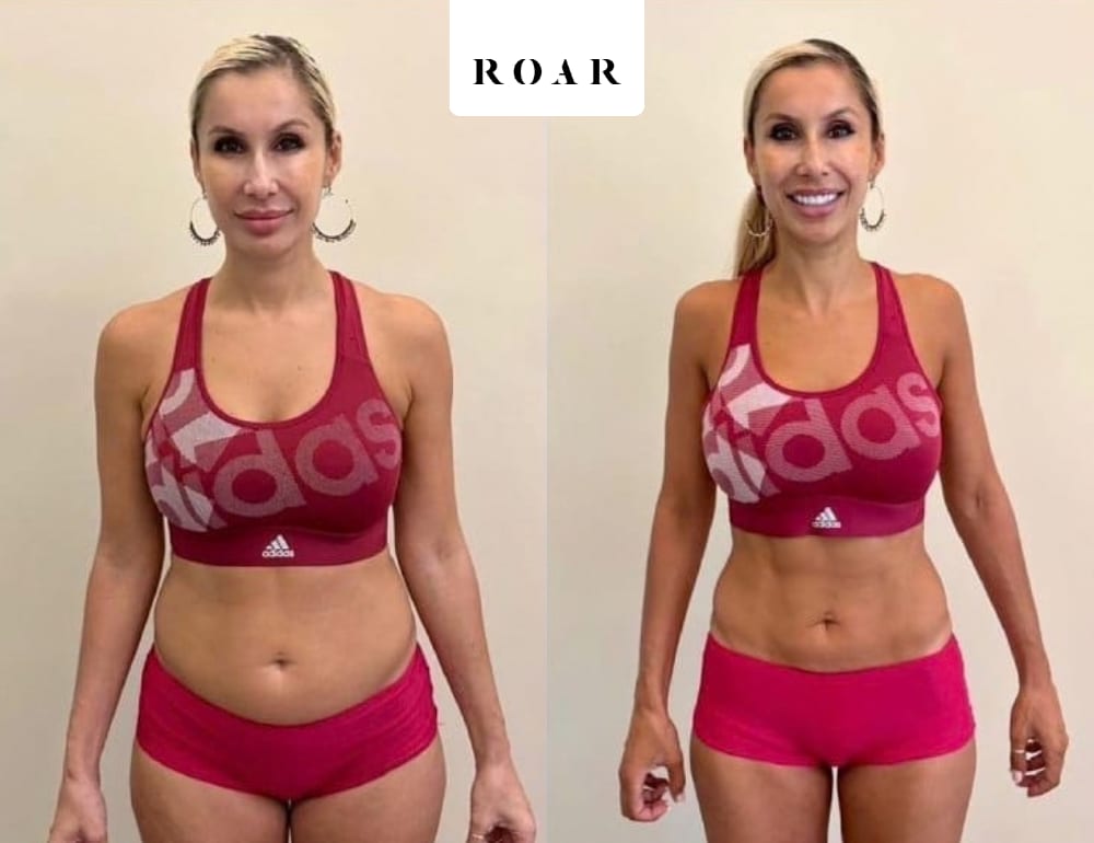 Before and after photos of Eve's female body transformation at ROAR Fitness London