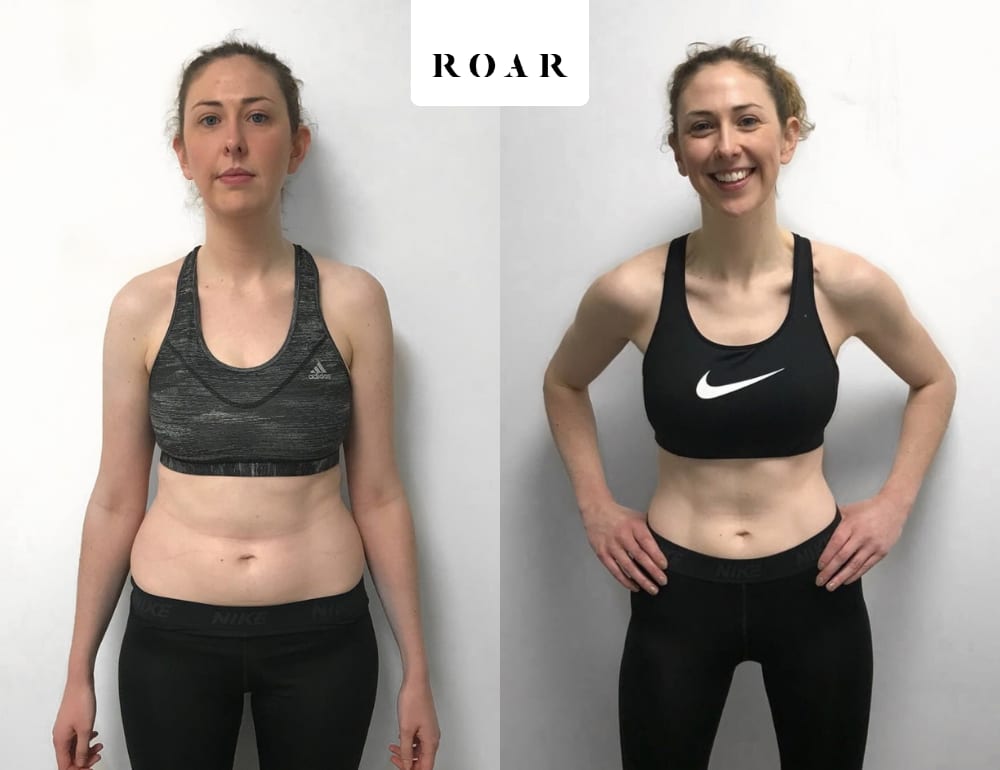 Fiona's female body transformation, before and after personal training at ROAR Fitness London