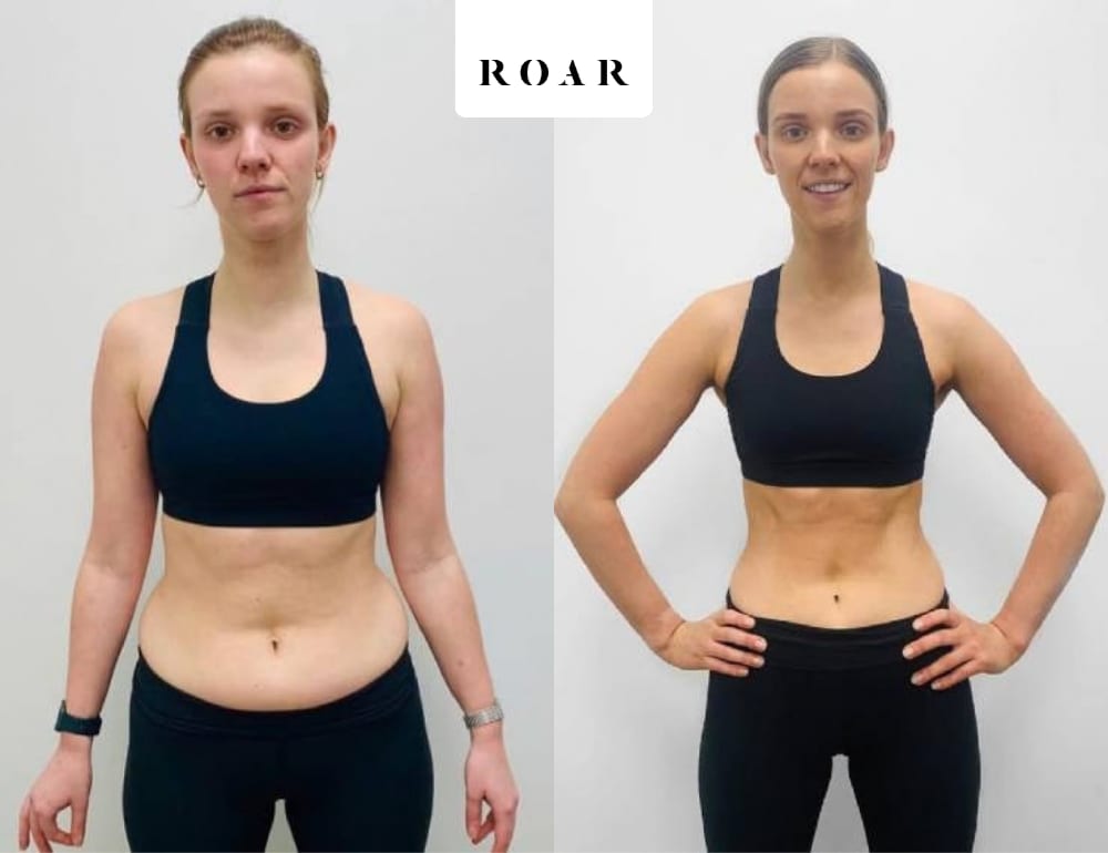 Grace's female body transformation, before and after personal training at ROAR Fitness London