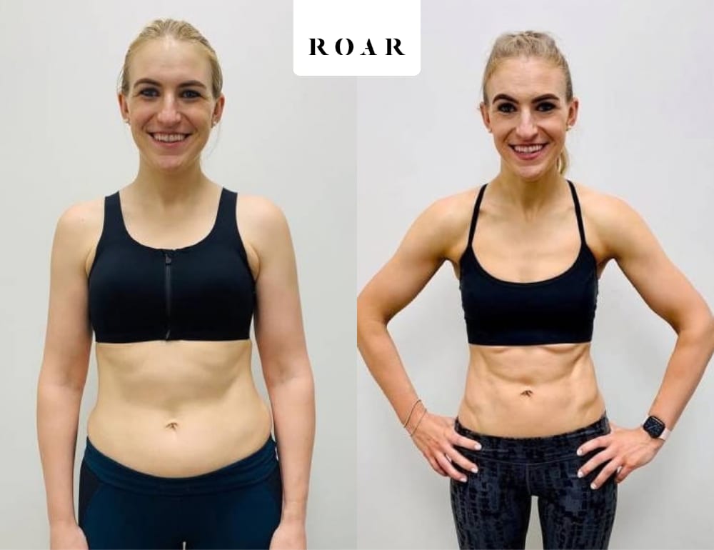 Before and after photos of Heather's female body transformation at ROAR Fitness London