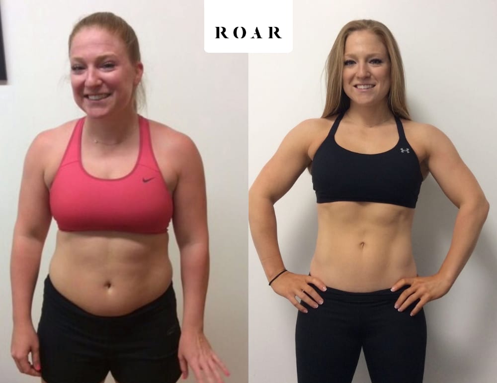 Before and after photos of Jackie's female body transformation at ROAR Fitness London