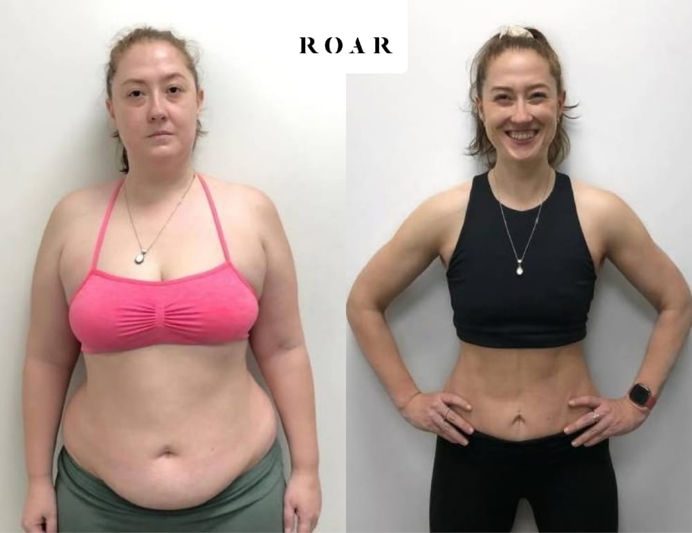 Before and after photos of Jade's female body transformation at ROAR Fitness London