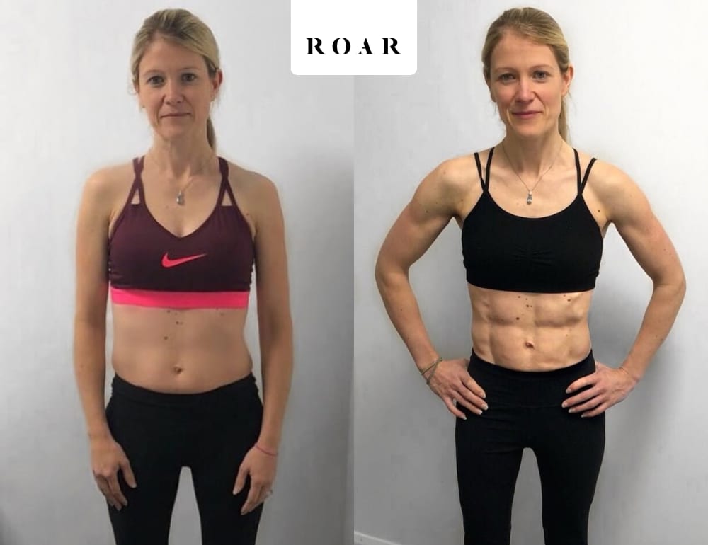 Before and after photos of Julia's female body transformation at ROAR Fitness London