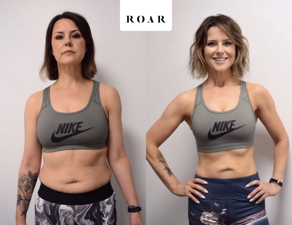 Justene's female body transformation, before and after personal training at ROAR Fitness London