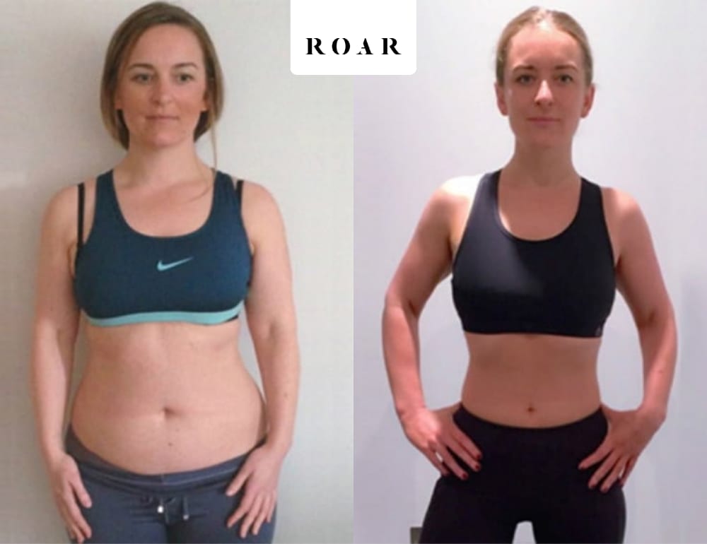 Before and after photos of Kate's female body transformation at ROAR Fitness London