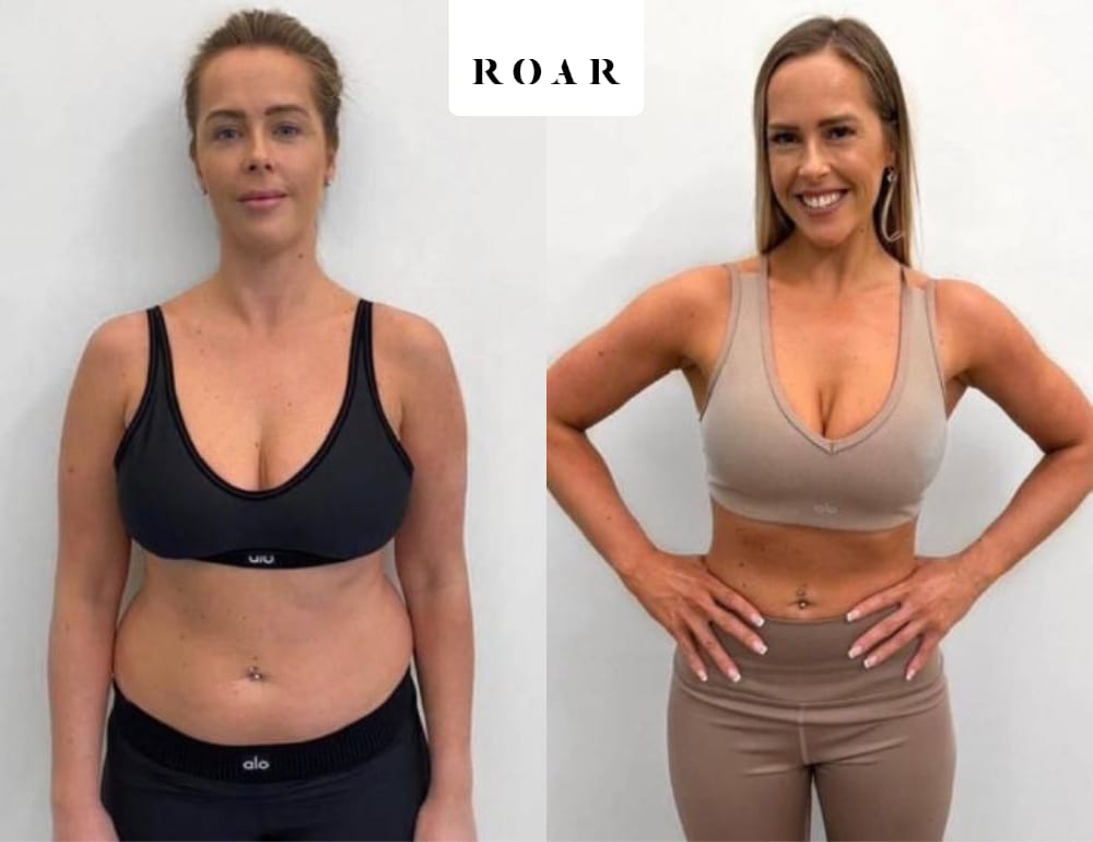 Before and after photos of Kristina's female body transformation at ROAR Fitness London