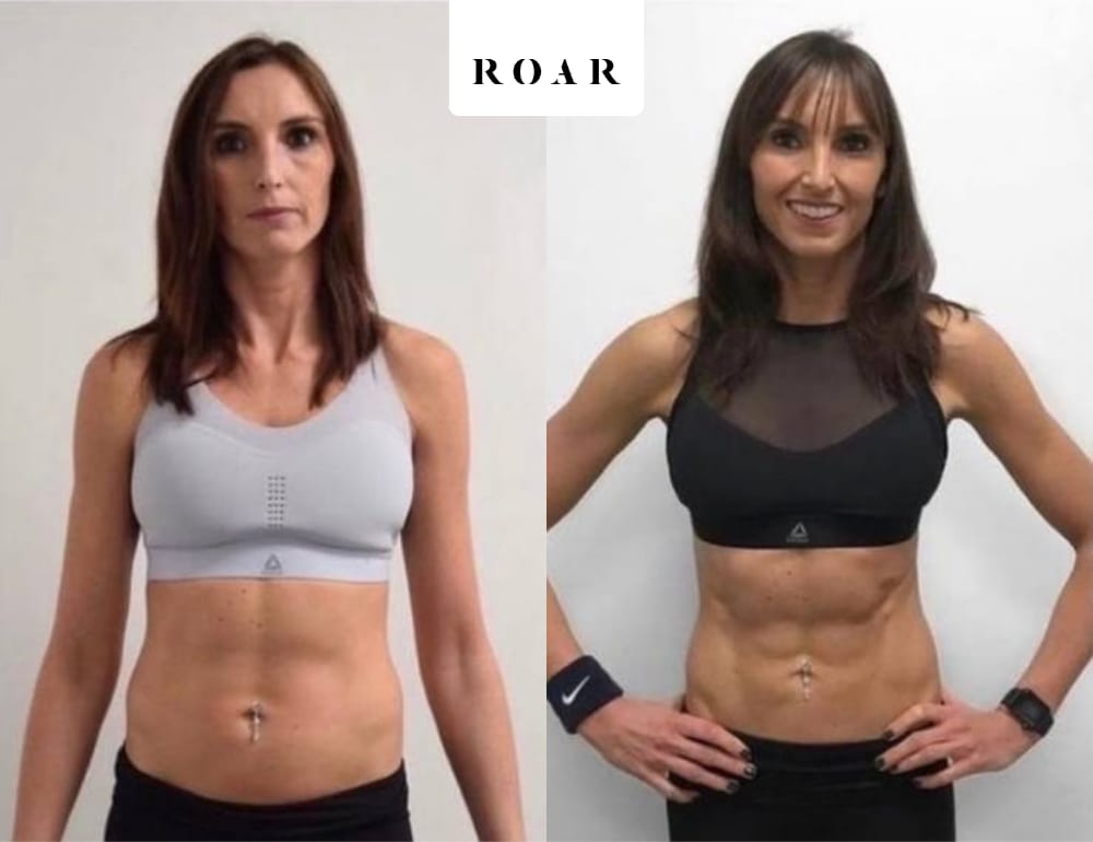 Before and after photos of Laura's female body transformation at ROAR Fitness London